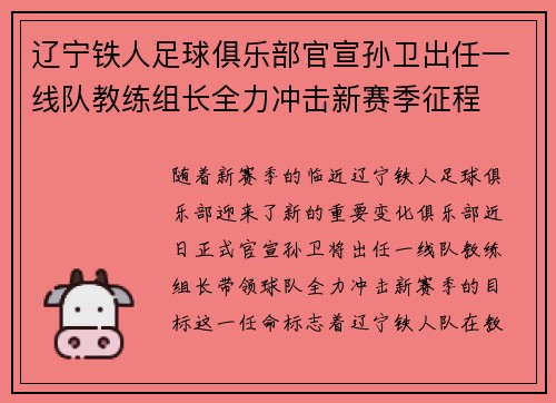 辽宁铁人足球俱乐部官宣孙卫出任一线队教练组长全力冲击新赛季征程